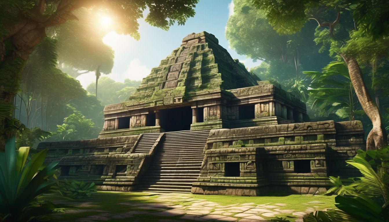 Ancient Mayan temple in lush jungle with sunlight.