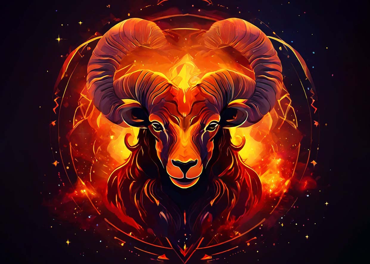 Aries zodiac sign illustration, horoscope symbols, fiery personality traits