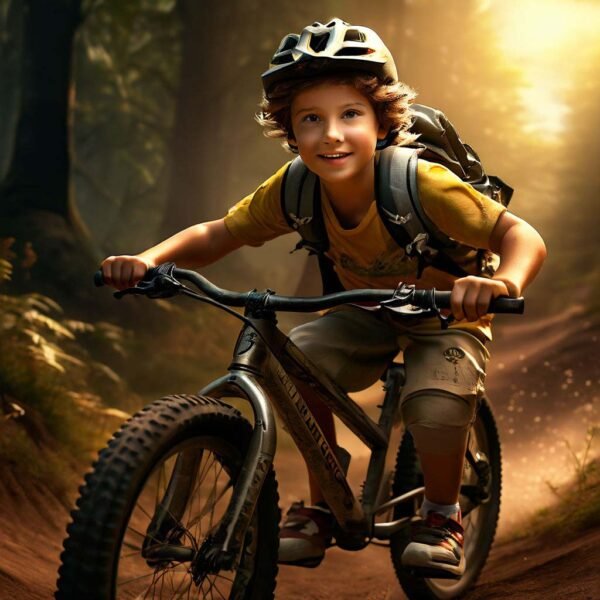 boy riding bike in dreamy landscape