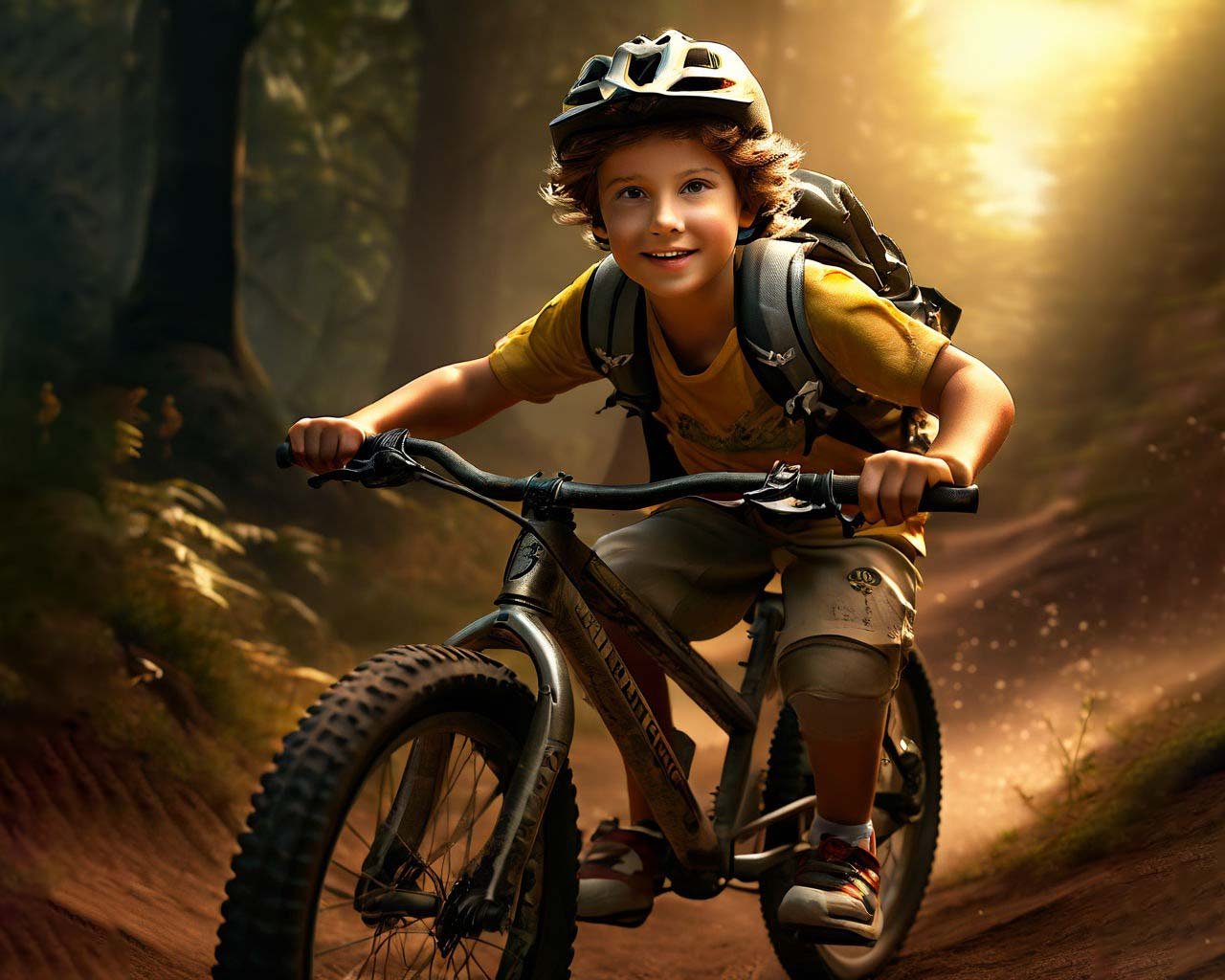 boy riding bike in dreamy landscape