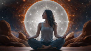 A girl in lotus position meditating on a silver glow emerging universe background