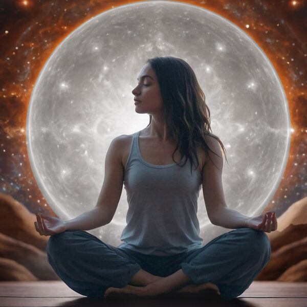 A girl in lotus position meditating on a silver glow emerging universe background