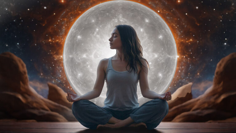 A girl in lotus position meditating on a silver glow emerging universe background