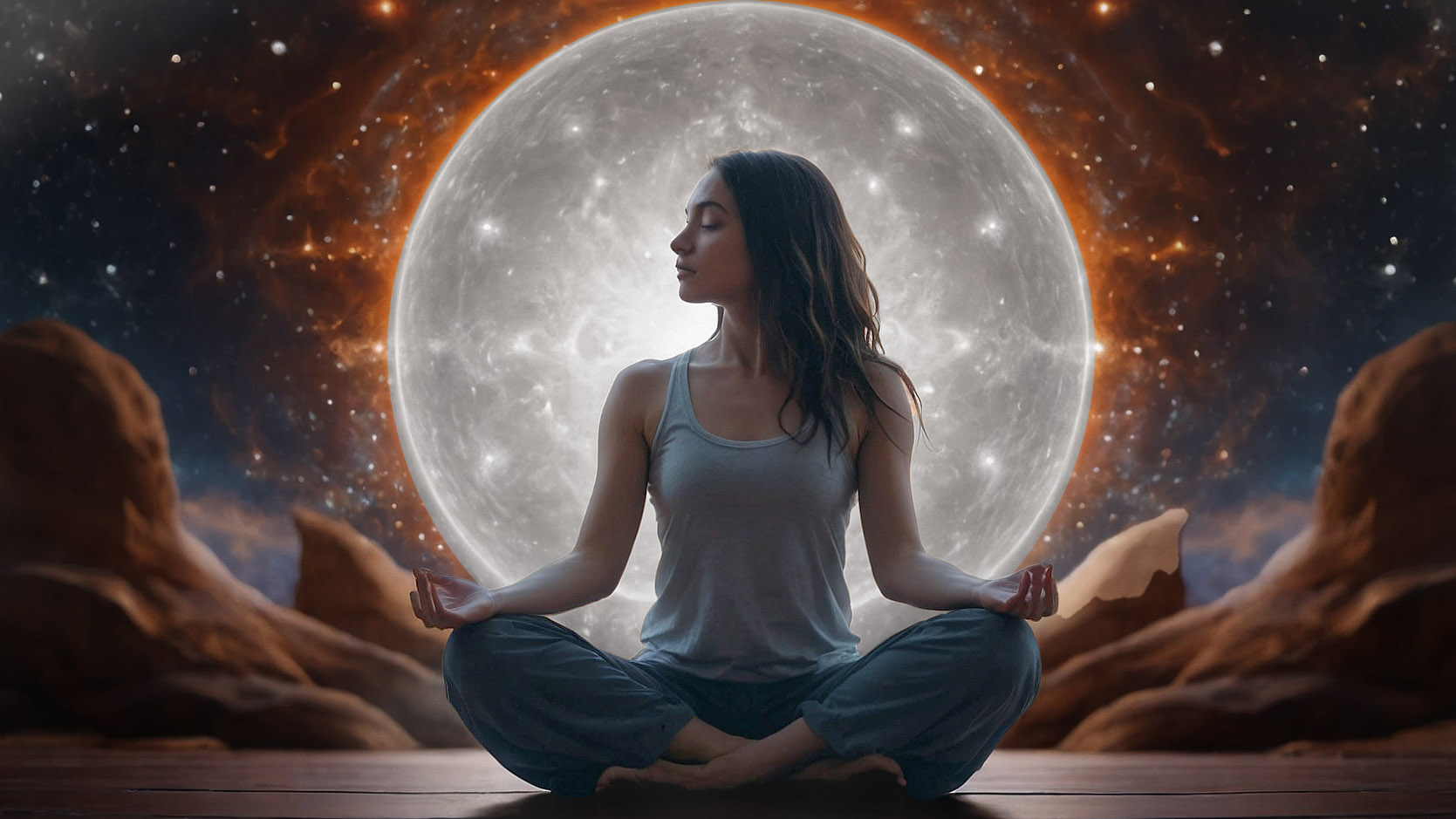 A girl in lotus position meditating on a silver glow emerging universe background