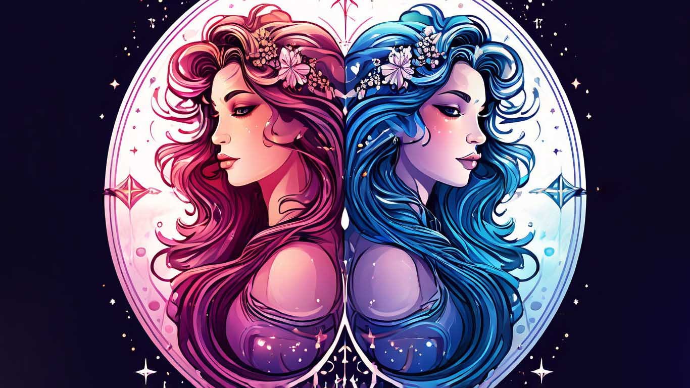 Gemini zodiac sign illustration with celestial and astrological symbols