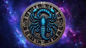 Scorpio zodiac sign illustration, horoscope symbols, personality traits icons