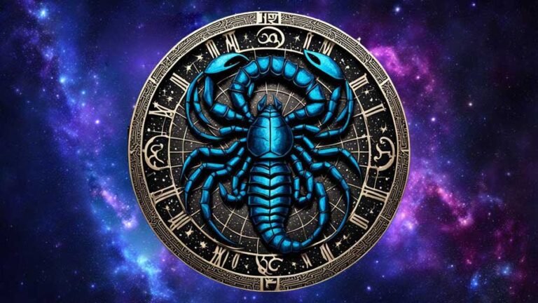 Scorpio zodiac sign illustration, horoscope symbols, personality traits icons