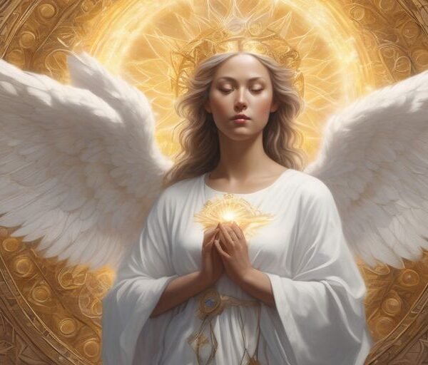 angelic figure surrounded by light and wisdom symbols