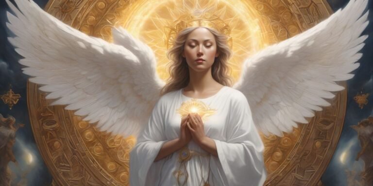 angelic figure surrounded by light and wisdom symbols