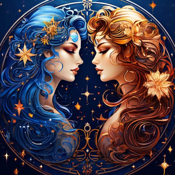 Gemini zodiac sign illustration, twins symbol, celestial background