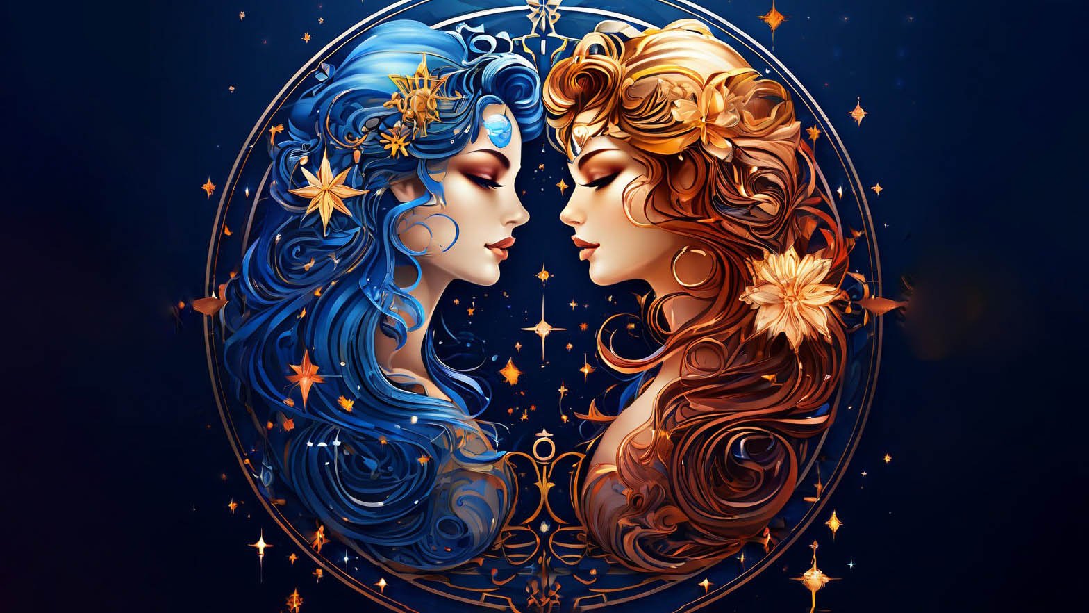 Gemini zodiac sign illustration, twins symbol, celestial background