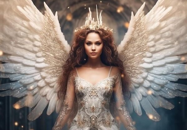 angelic figures in celestial setting with spiritual symbols