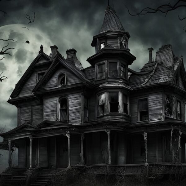 haunted house with full moon