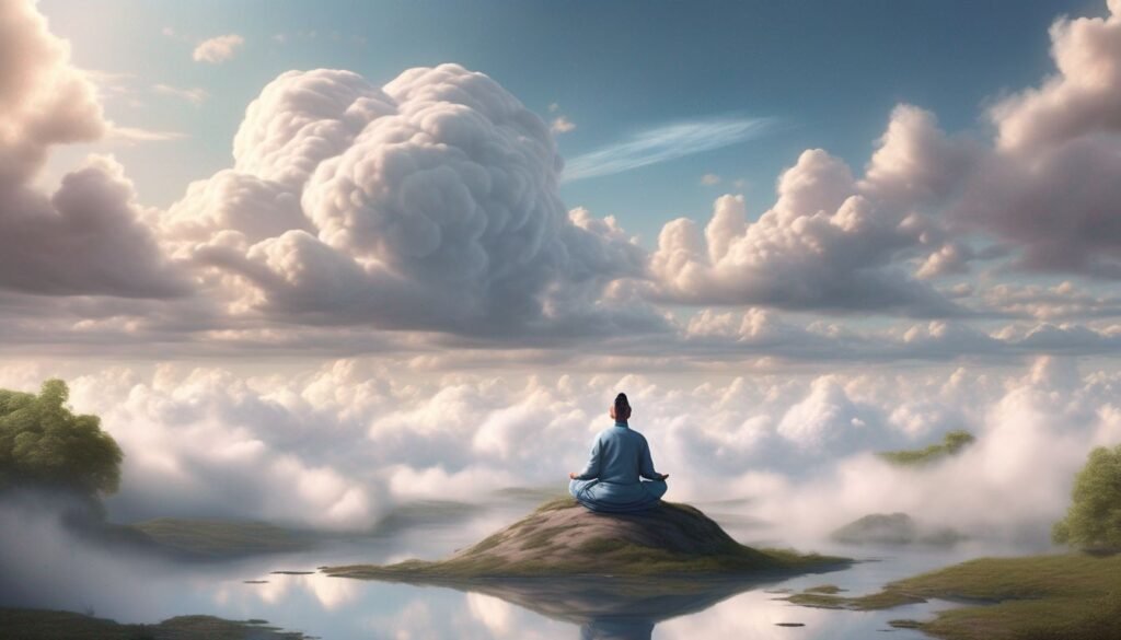 a man posing yoga in a top of mountain in front of cloude 