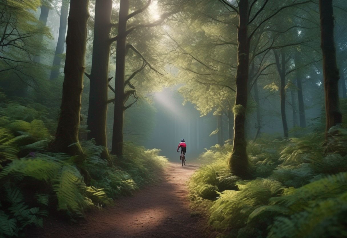 person riding bike through mystical forest