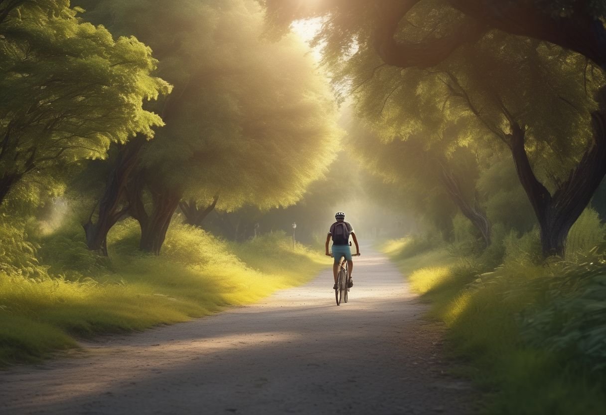 person riding bicycle on scenic path dreamy atmosphere