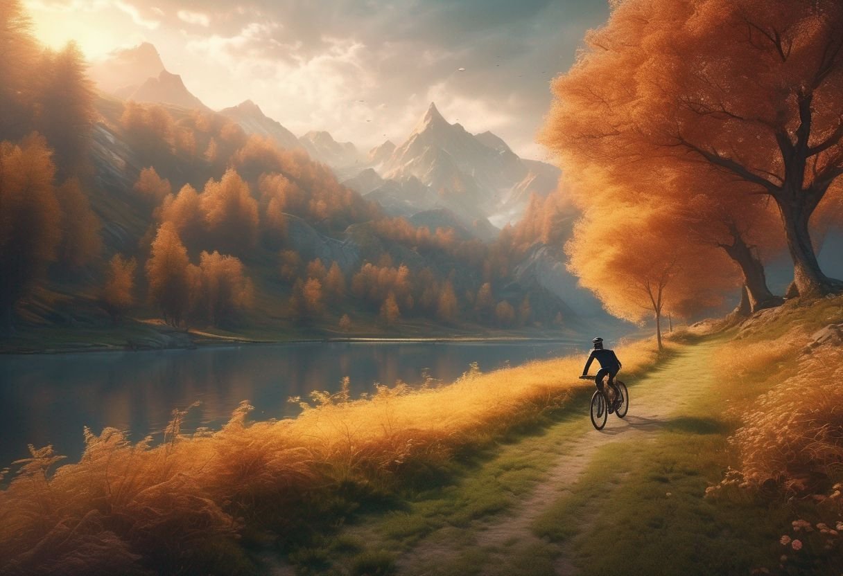 person riding a bike in a dreamy, mythical landscape