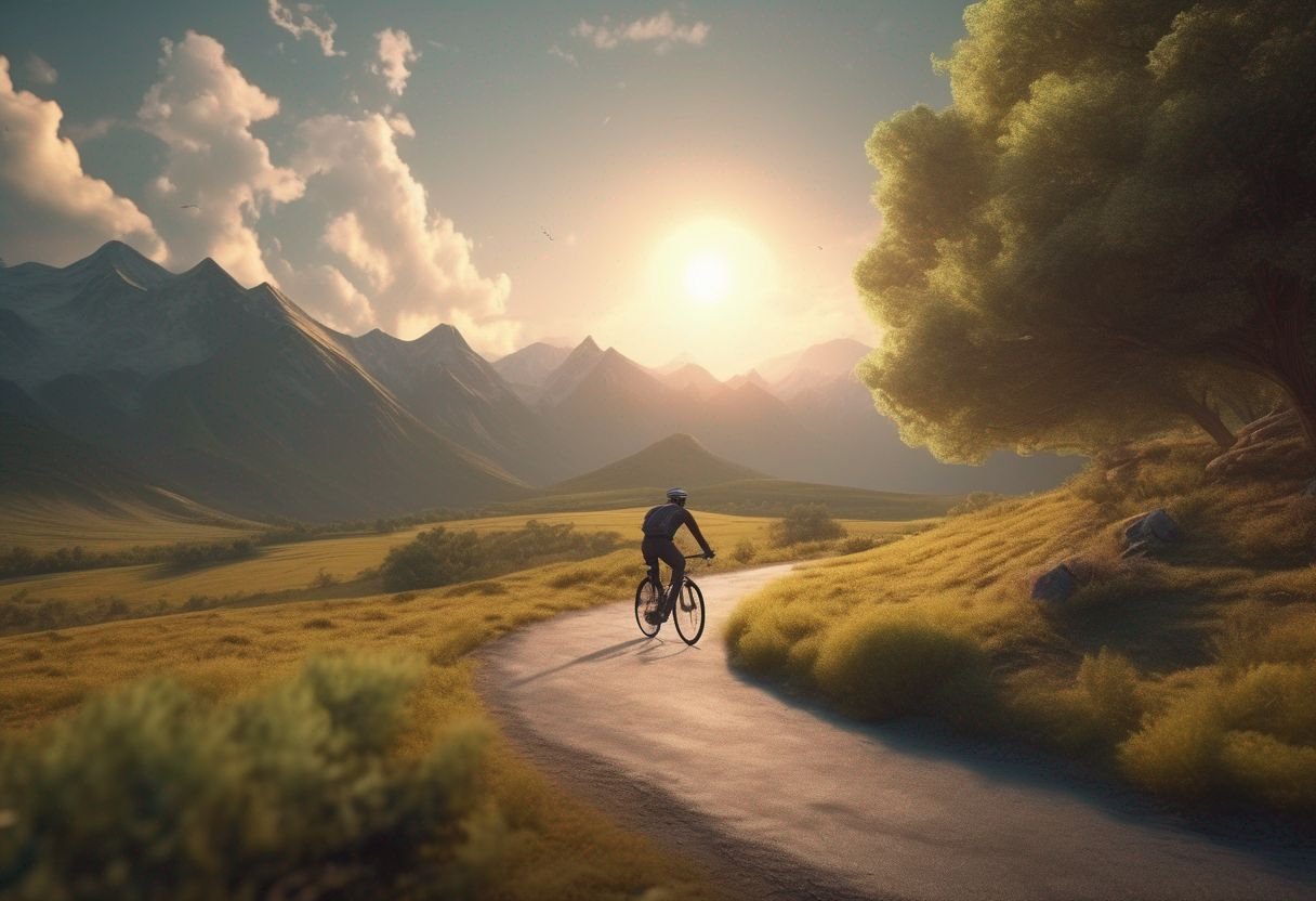 person riding bike in dreamy landscape with psychological elements