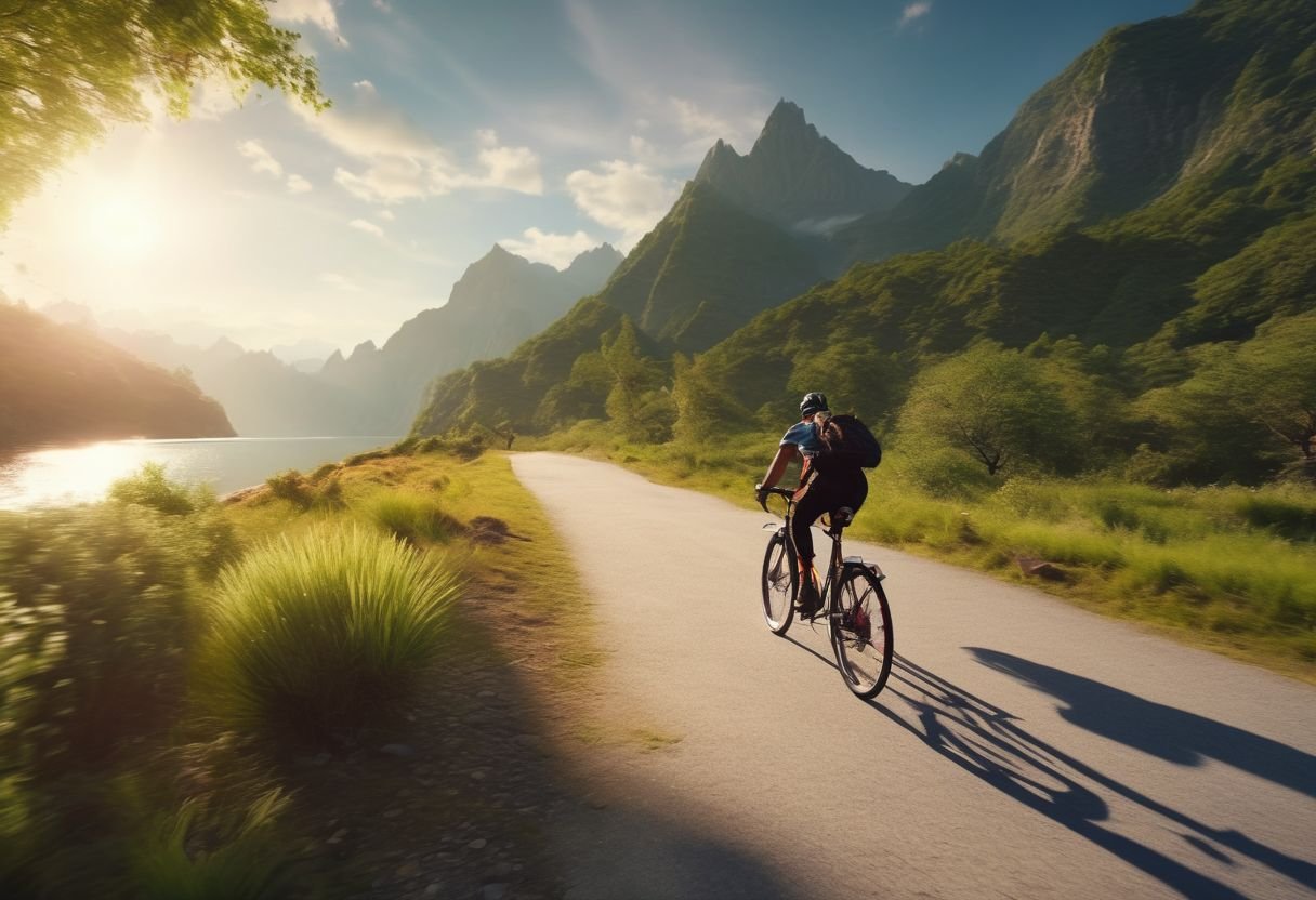 person riding bicycle on scenic path reflecting