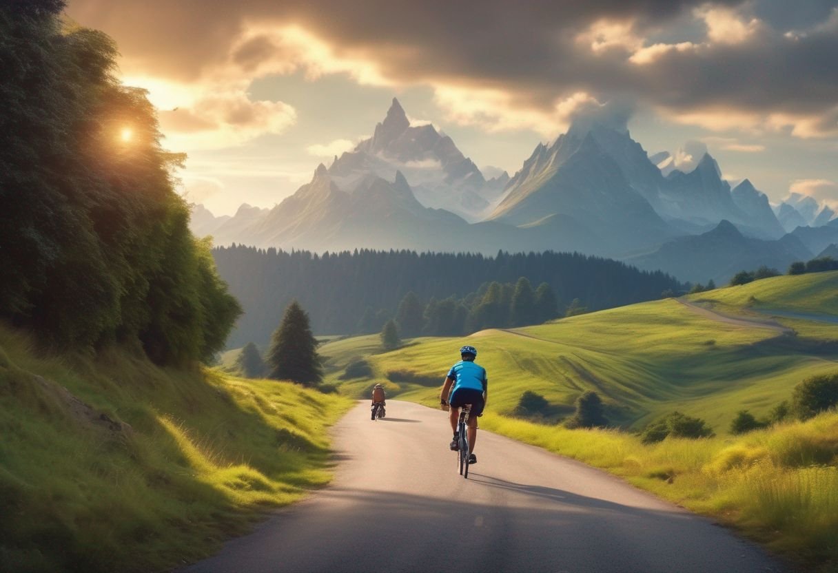 person riding bicycle on scenic road dreamy landscape