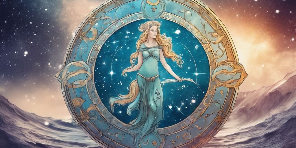 Aquarius zodiac sign illustration, January 29, astrology symbols, celestial background