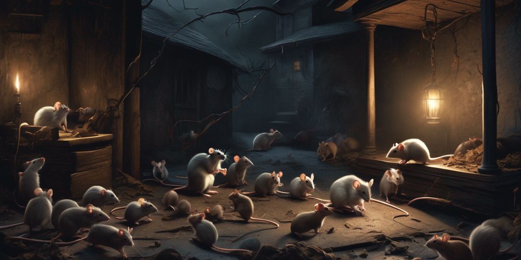 dreamlike illustration of mice and rats in a dark, eerie setting