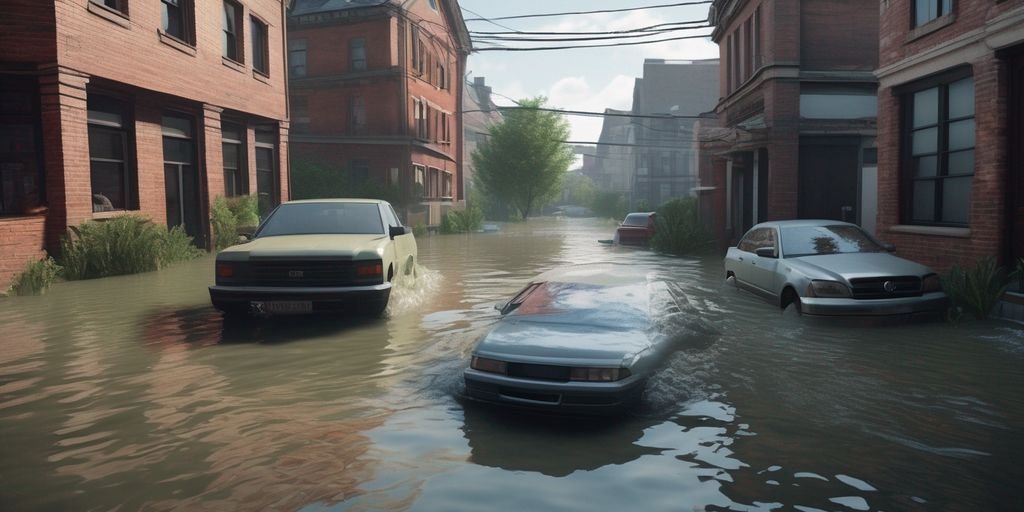 dreamlike flood scene with various scenarios