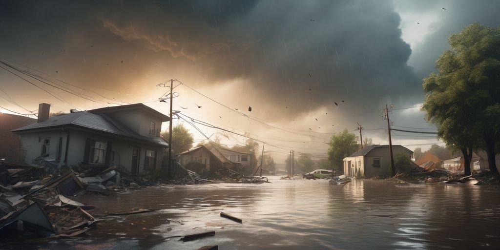 dreamlike flood scene with contrasting elements of destruction and hope