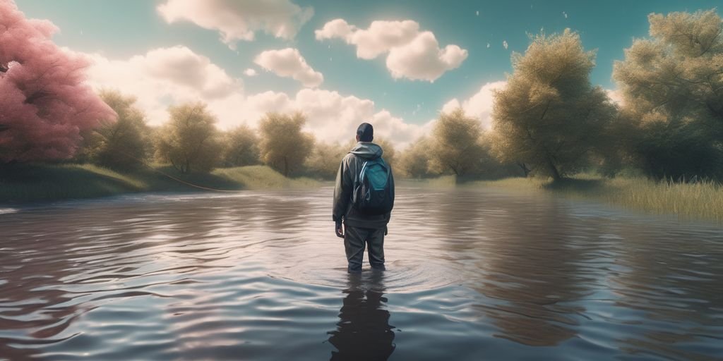 person standing in flood water with dreamy surreal background