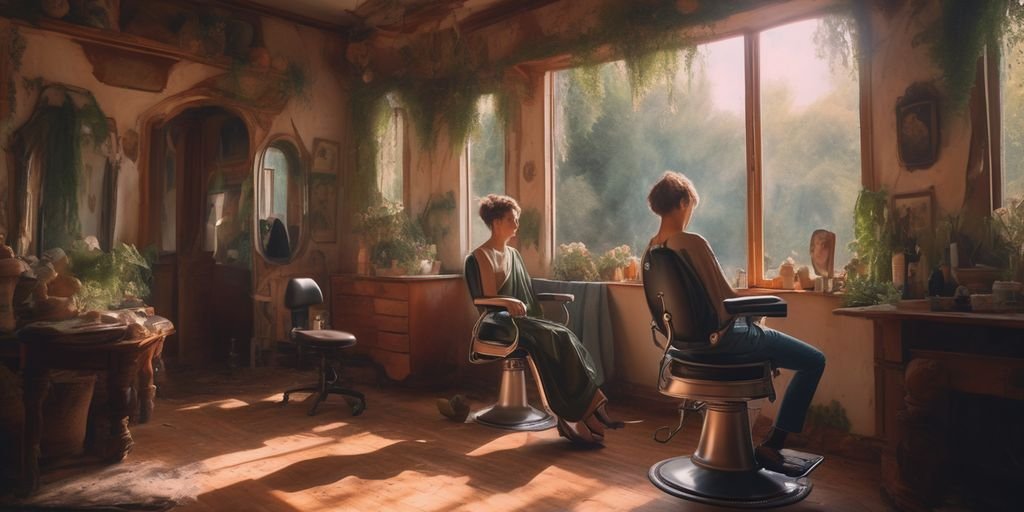 person cutting hair in a dreamy, artistic setting