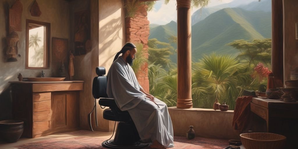 person cutting hair in a serene spiritual setting