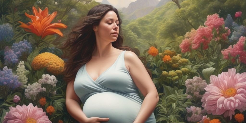 pregnant woman surrounded by nature and flowers