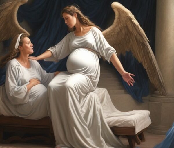 biblical scene with pregnant woman talking to angel