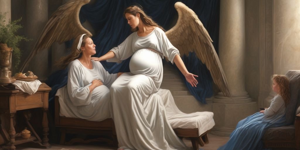 biblical scene with pregnant woman talking to angel