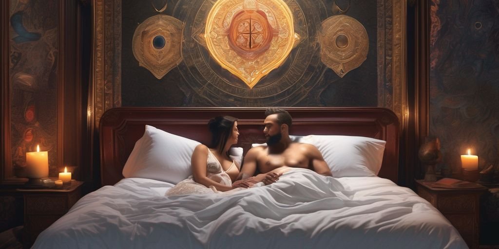 couple in bed with spiritual symbols