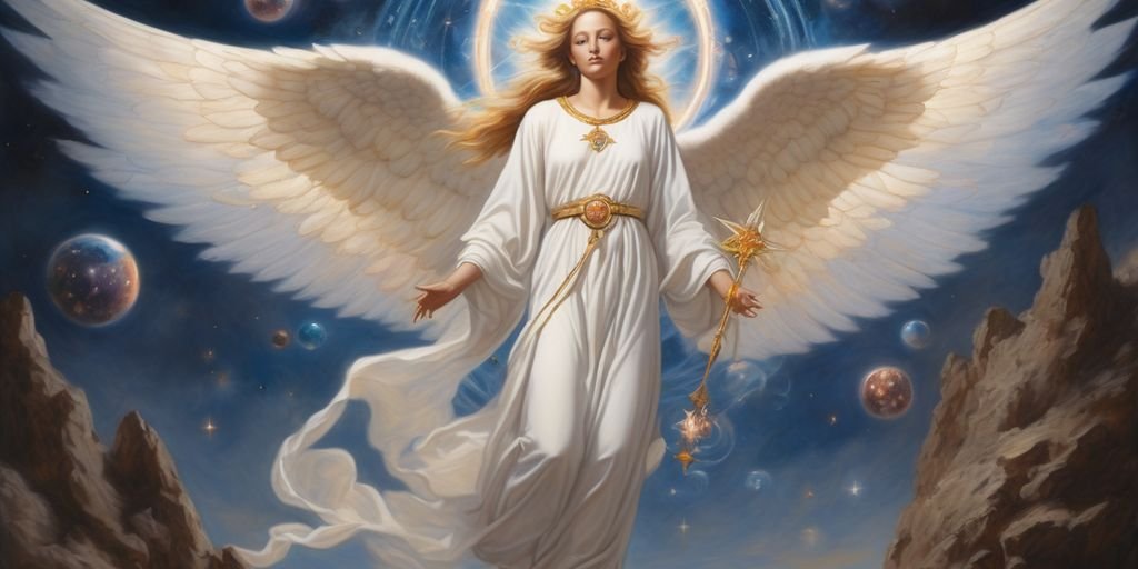 angelic figures in cosmic setting with spiritual symbols