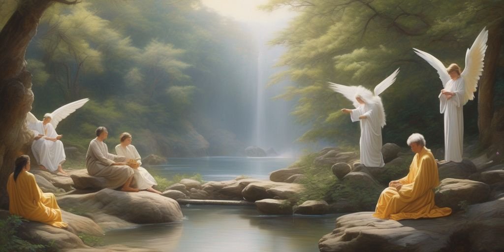 angelic figures in serene settings with people experiencing moments of realization or enlightenment