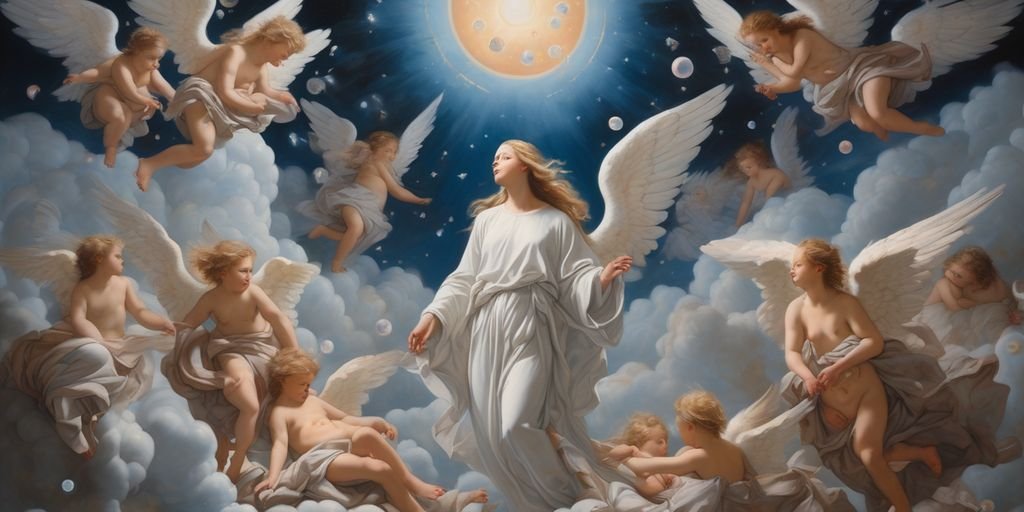 angelic figures surrounded by numbers and celestial backgrounds