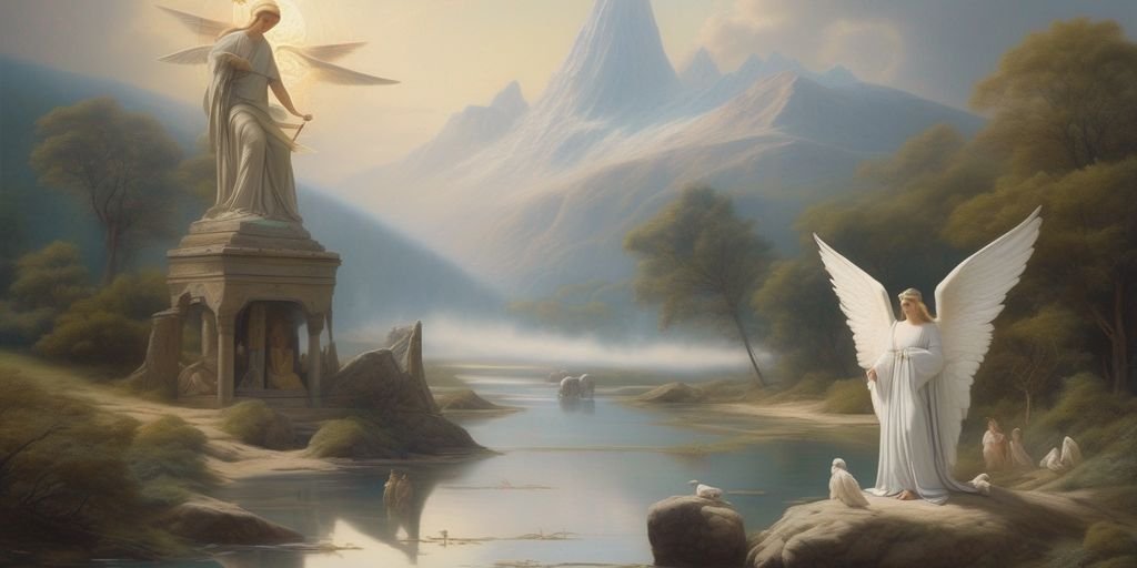 angelic figures in serene landscape with mystical symbols