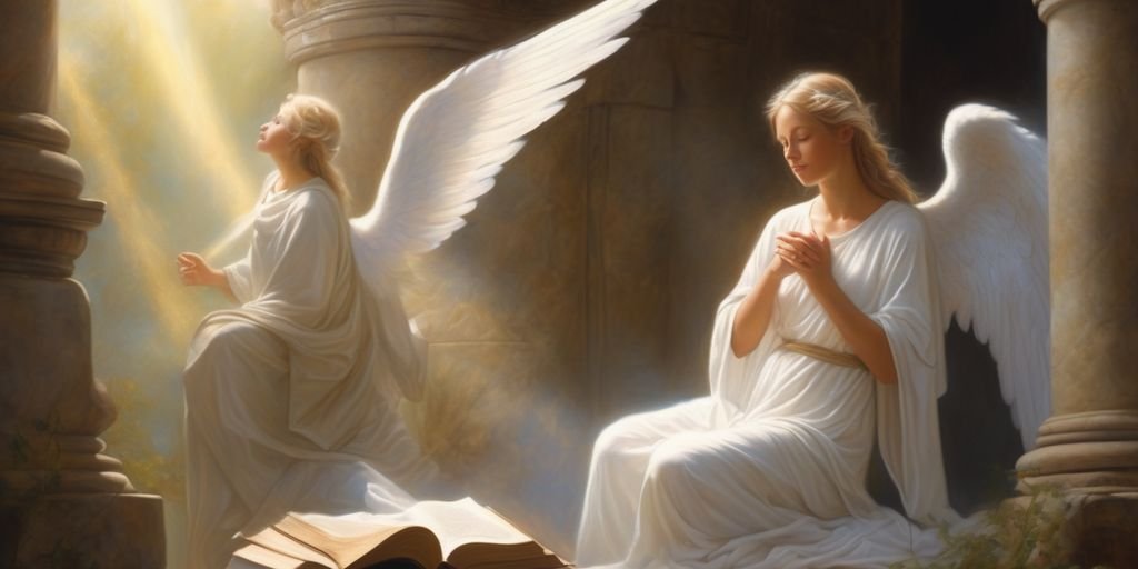 angelic figures in mystical light, ancient wisdom books, serene spiritual setting