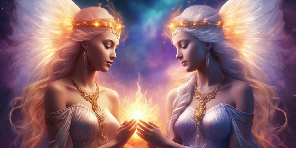 spiritual twin flames meeting with angelic and mystical background