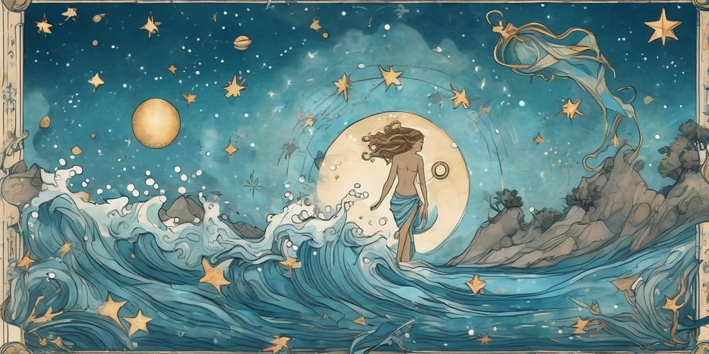 Aquarius zodiac sign illustration, stars and water elements