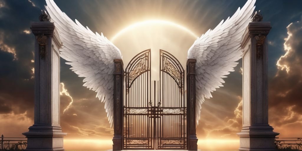 angel wings in celestial setting with open gates and pathway leading to horizon