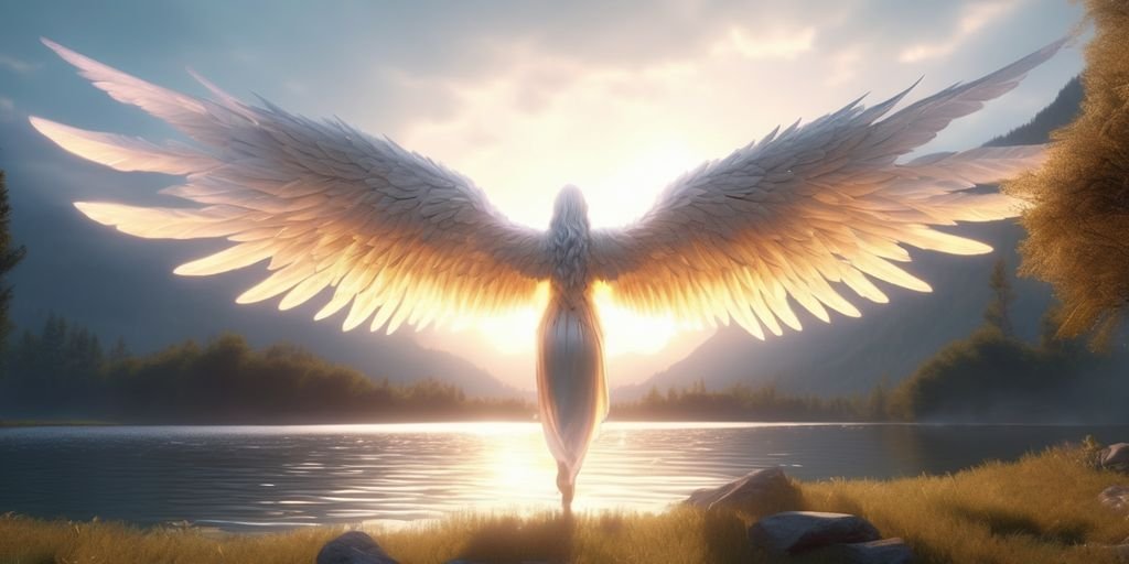 angel wings with glowing light in serene landscape