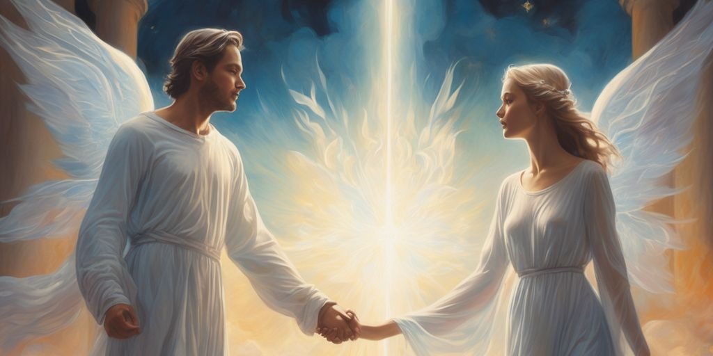 couple holding hands with ethereal light and angelic figures in background