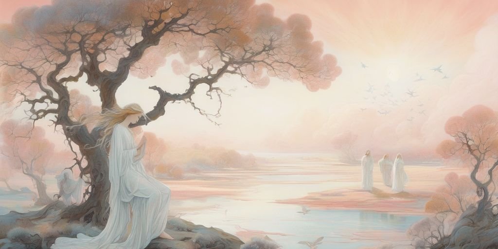 angelic figures in ethereal landscape