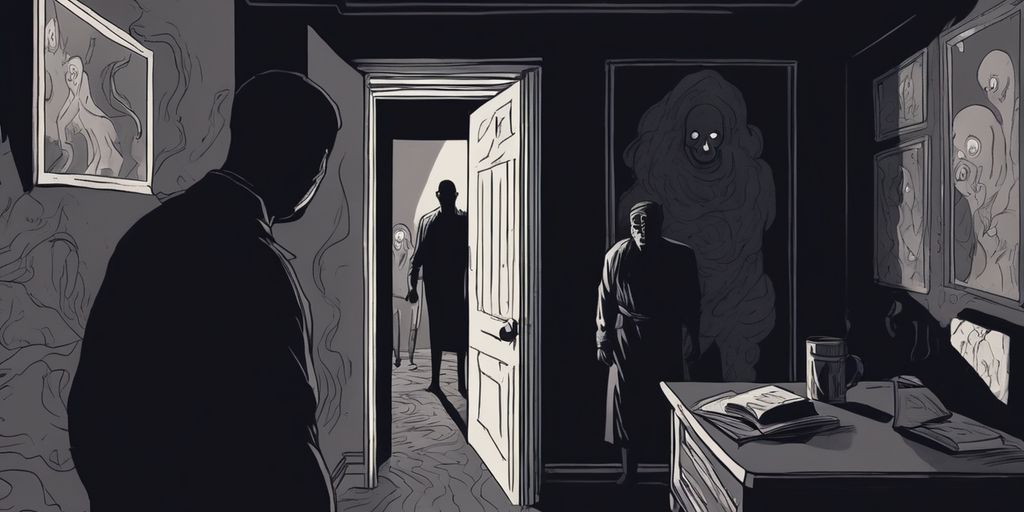 person in dark room looking scared with shadowy figures