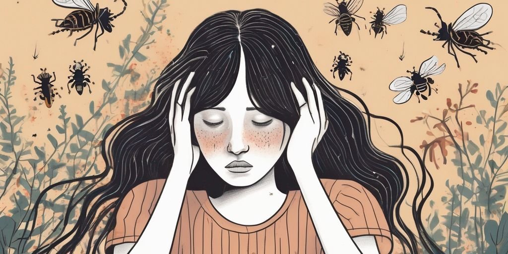 person feeling anxious with bugs in hair illustration