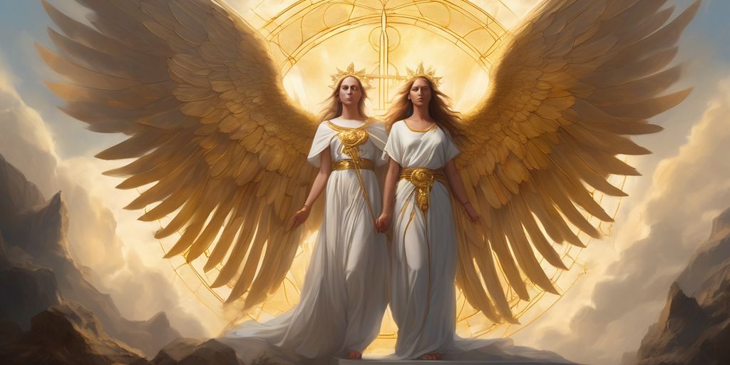 angelic figures with mystical symbols in serene spiritual setting