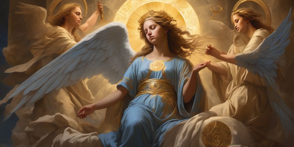 angelic figures with biblical symbols, spiritual light and ancient scriptures